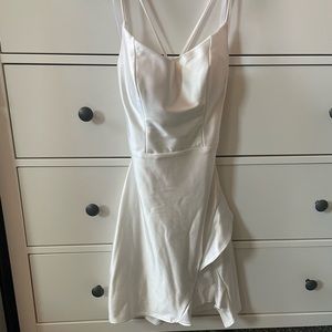 Satin white party dress with ruffle slit